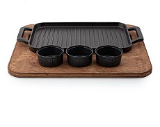 تابه گریل چدنی گلوریکس / مدل مستطیل با زیره چوبی و 3 عدد سس خوری